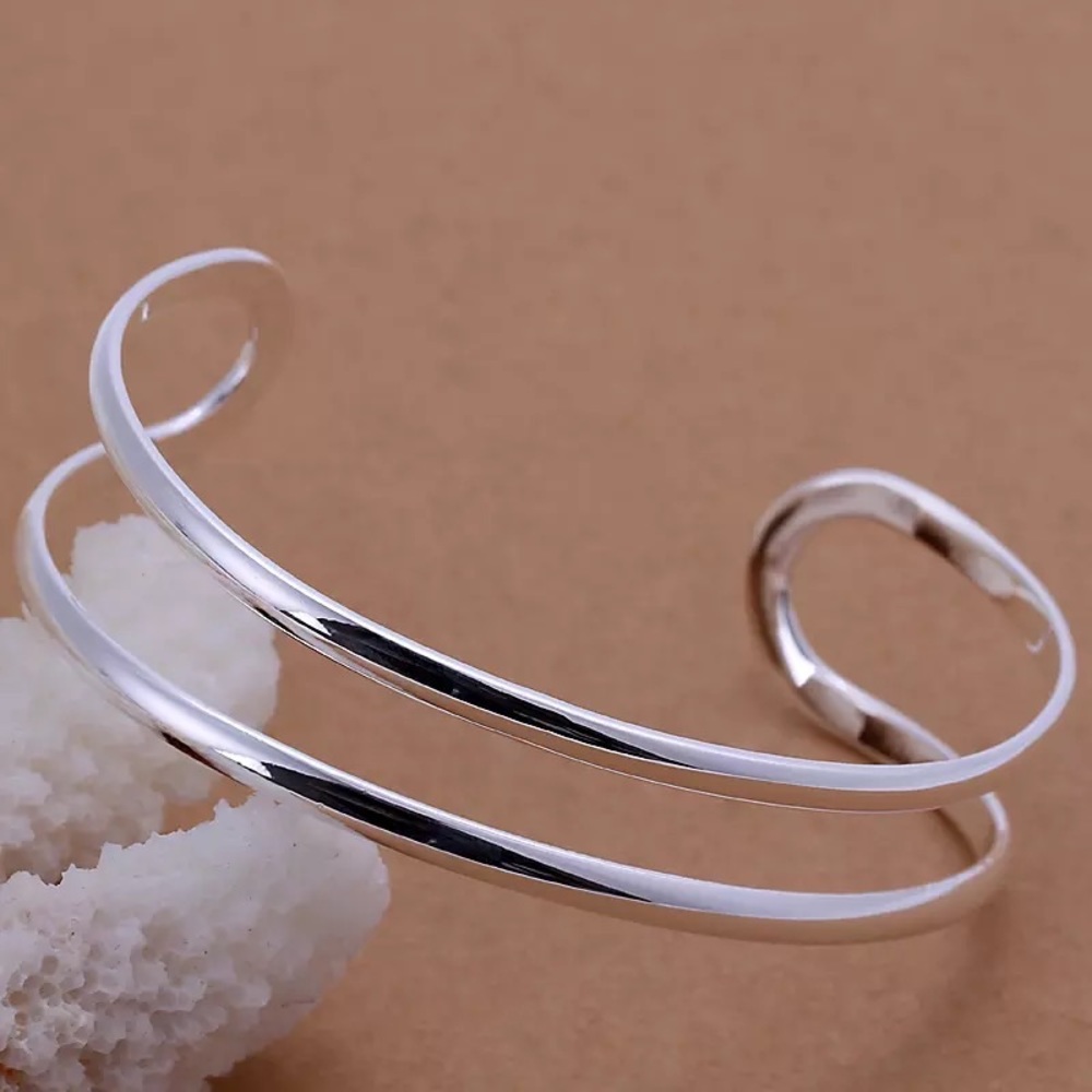UNISEX DOUBLE LINE BANGLE 925 STERLING SILVER - Picture 4 of 8